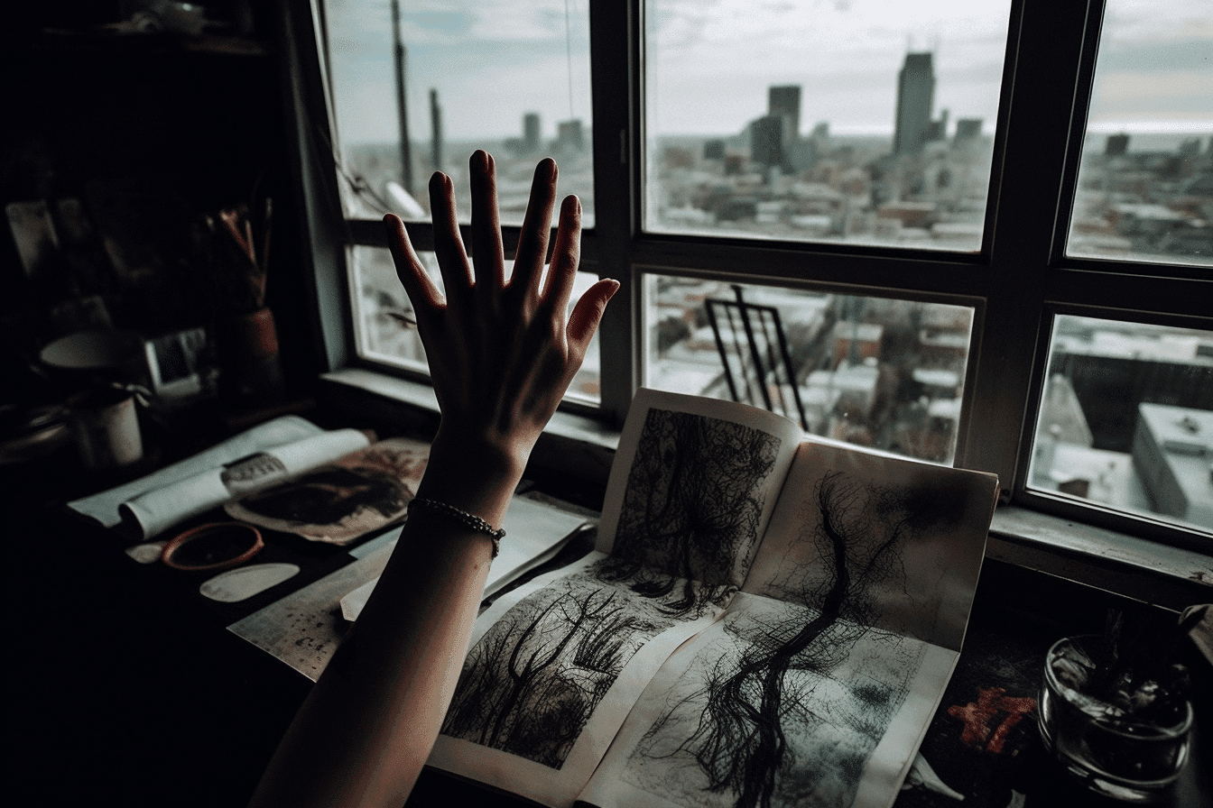 AI-ARTS publication preview with artwork in an artist workspace