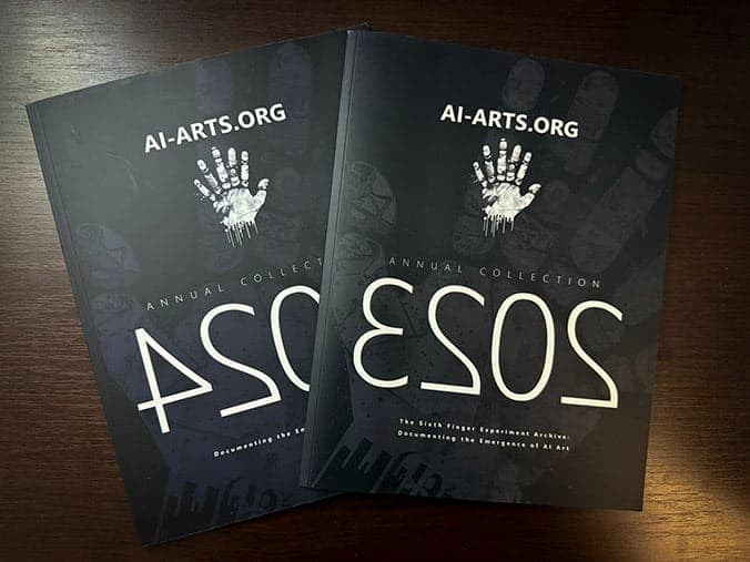 Printed AI-ARTS Annual Collection 2024 and 2023 books arranged together